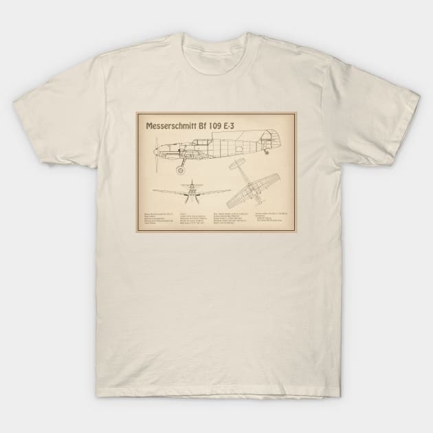 Messerschmitt Bf 109 E-3 - Airplane Blueprint - SD T-Shirt by SPJE Illustration Photography